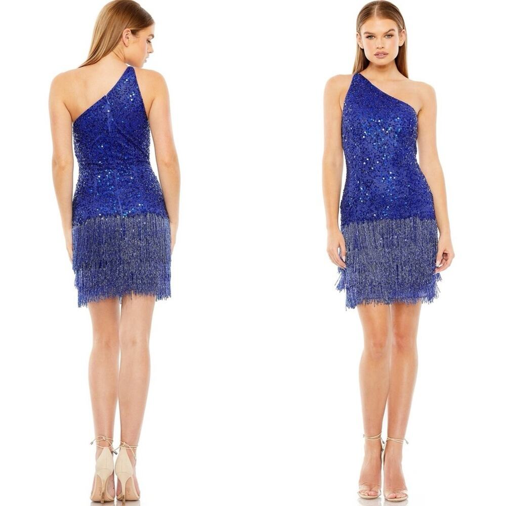 NEW MAC DUGGAL Cobalt Blue Sequin Fringe Flapper One Shoulder $698 Mini Dress 2